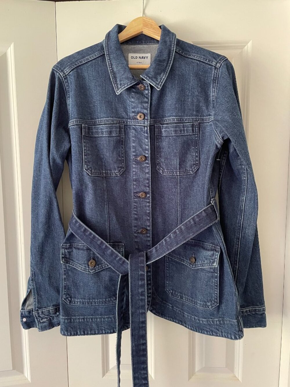 Old Navy Dark Blue Denim Belted Utility Jacket - Size Small Tall